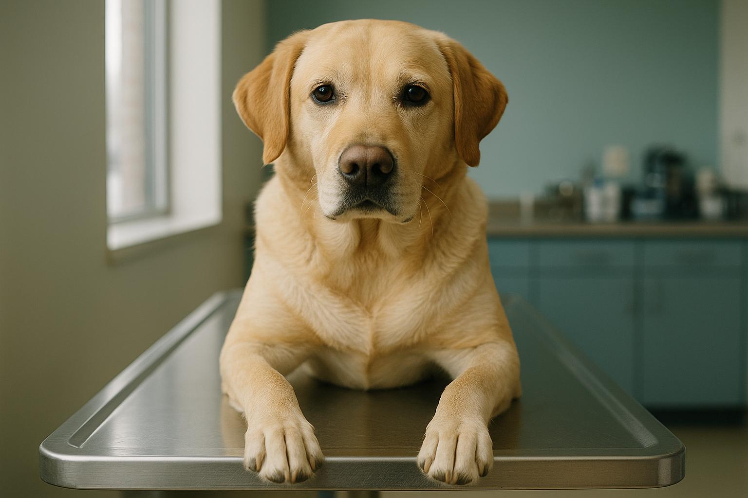 Yellow retriever/lab mix sitting calmly on a veterinary exam table, healthy fur and gentle expression