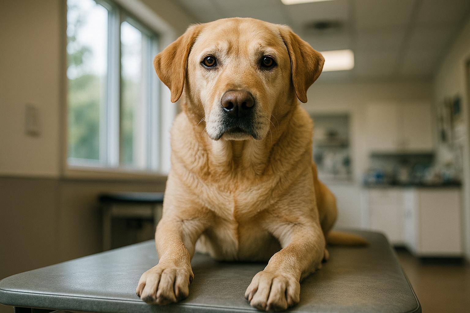 Chuckles, a yellow retriever/lab mix, sitting calmly on a veterinary exam table after recovery