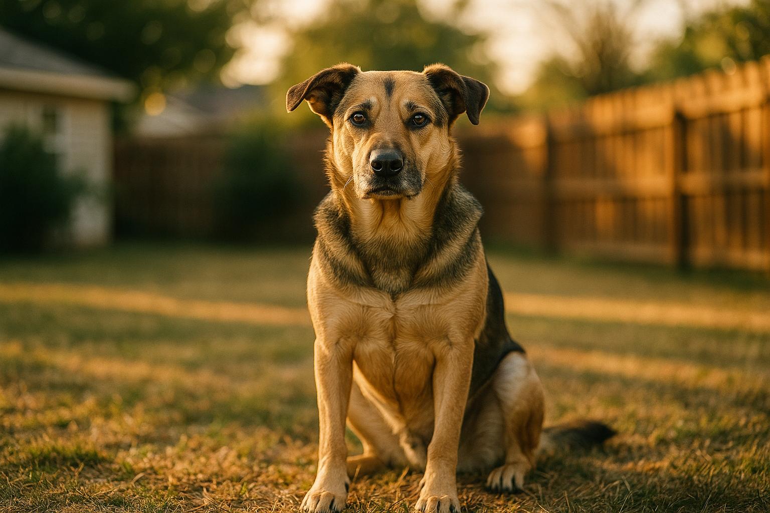 Mixed-breed dog sitting in a suburban backyard during golden hour, portrait-style photo