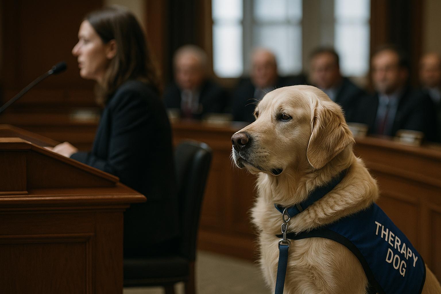 Therapy dog Ralphie sitting calmly beside a lectern in a legislative hearing room while a witness testifies.