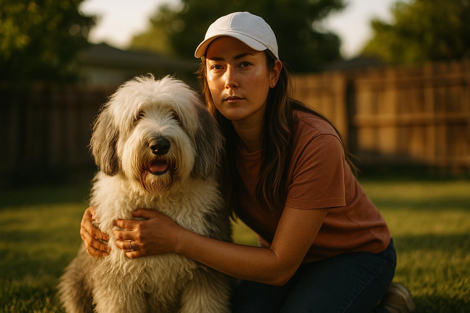 Michelle Wie West with her English Sheepdog Gatsby in a backyard at golden hour
