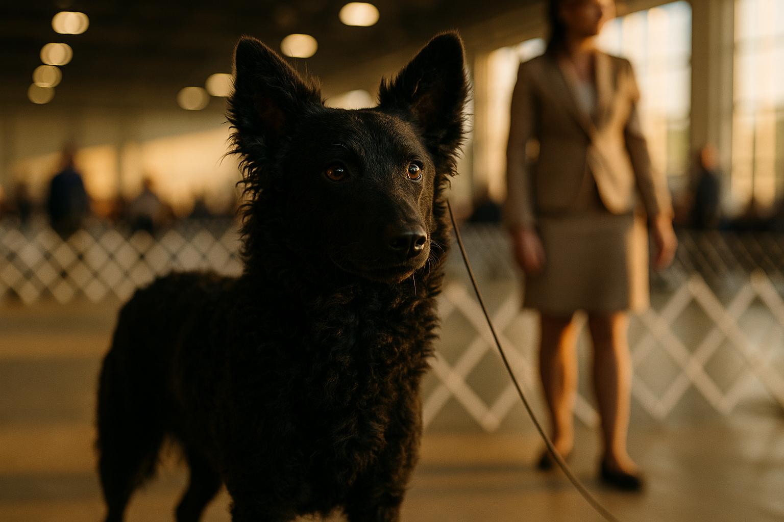 Rue, a three-year-old Hungarian Mudi, standing alert in a dog show ring with handler in the background