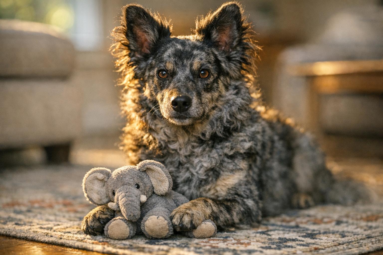 Rue, a three-year-old Hungarian Mudi, sitting indoors with a stuffed elephant toy