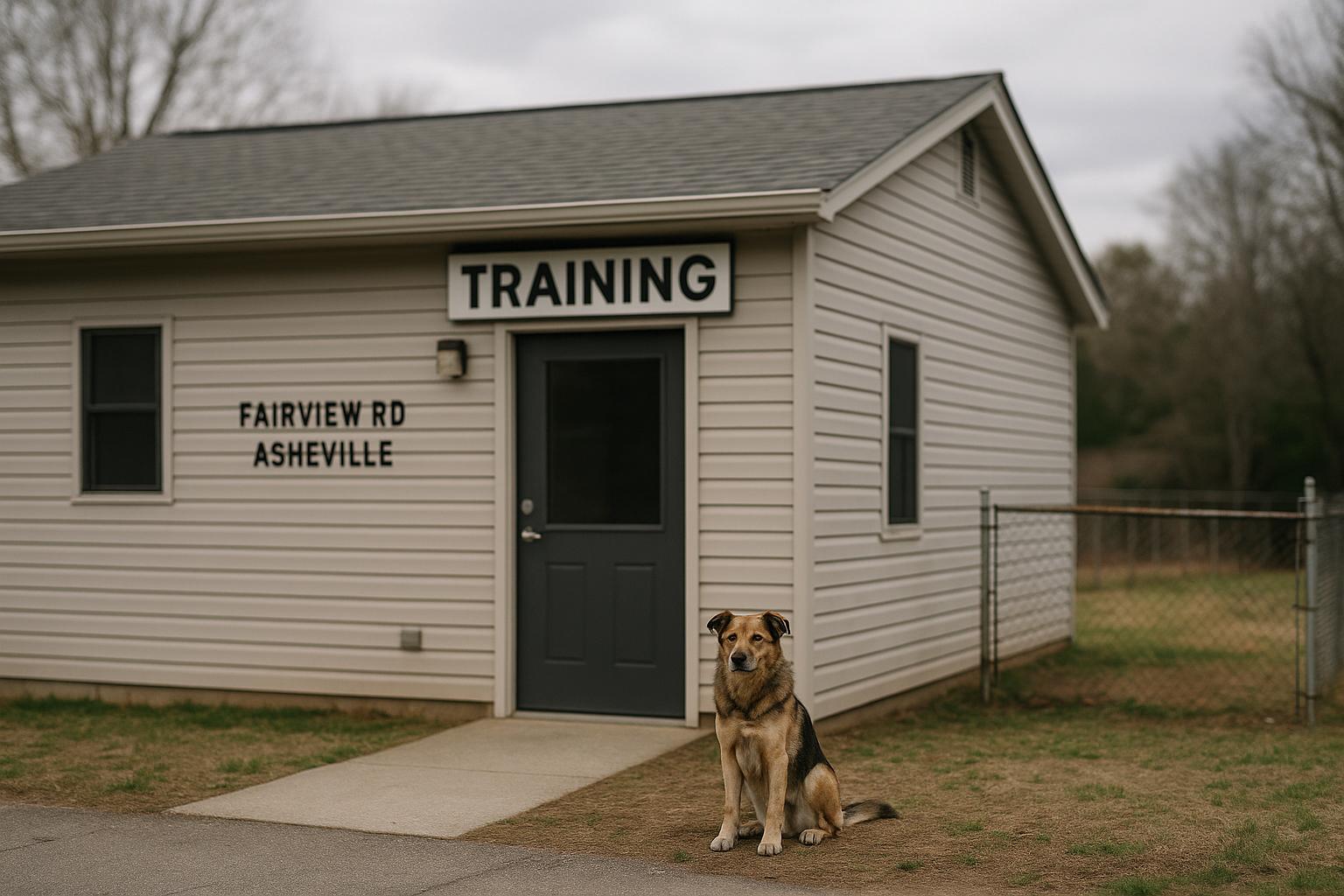 Exterior of Ruff Life Dog Training facility on Fairview Road with a dog sitting near the entrance