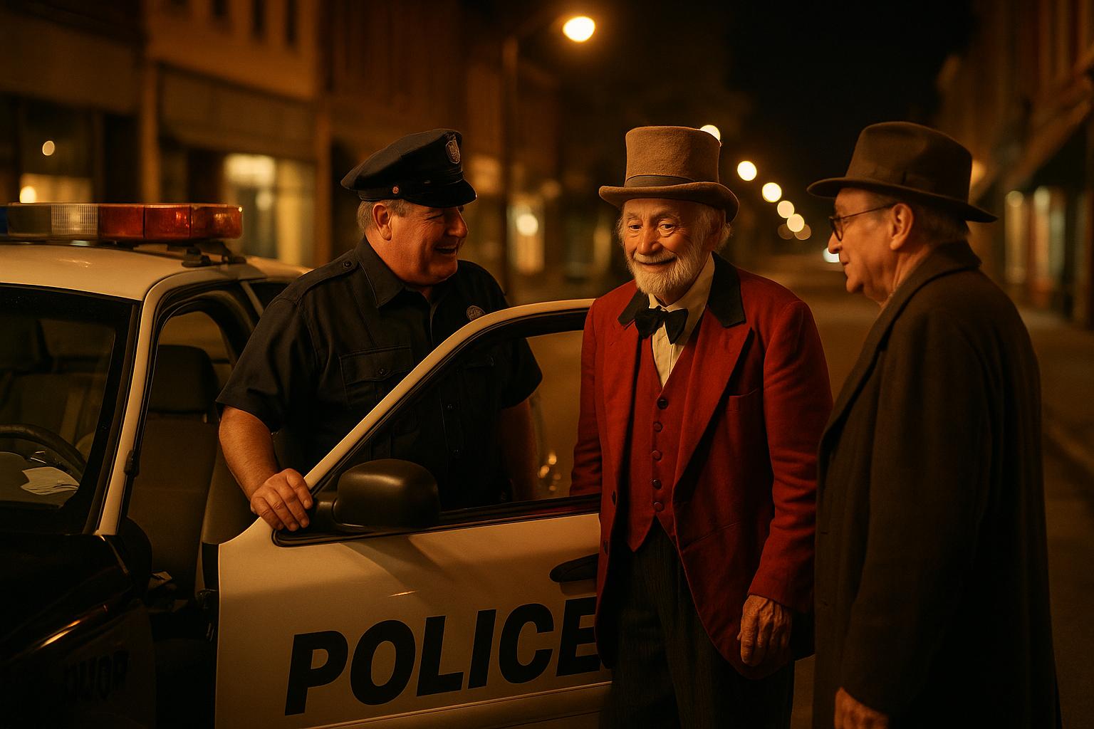 A police officer opens a patrol car door at night as an elderly entertainer and a companion stand nearby on a small-town street.