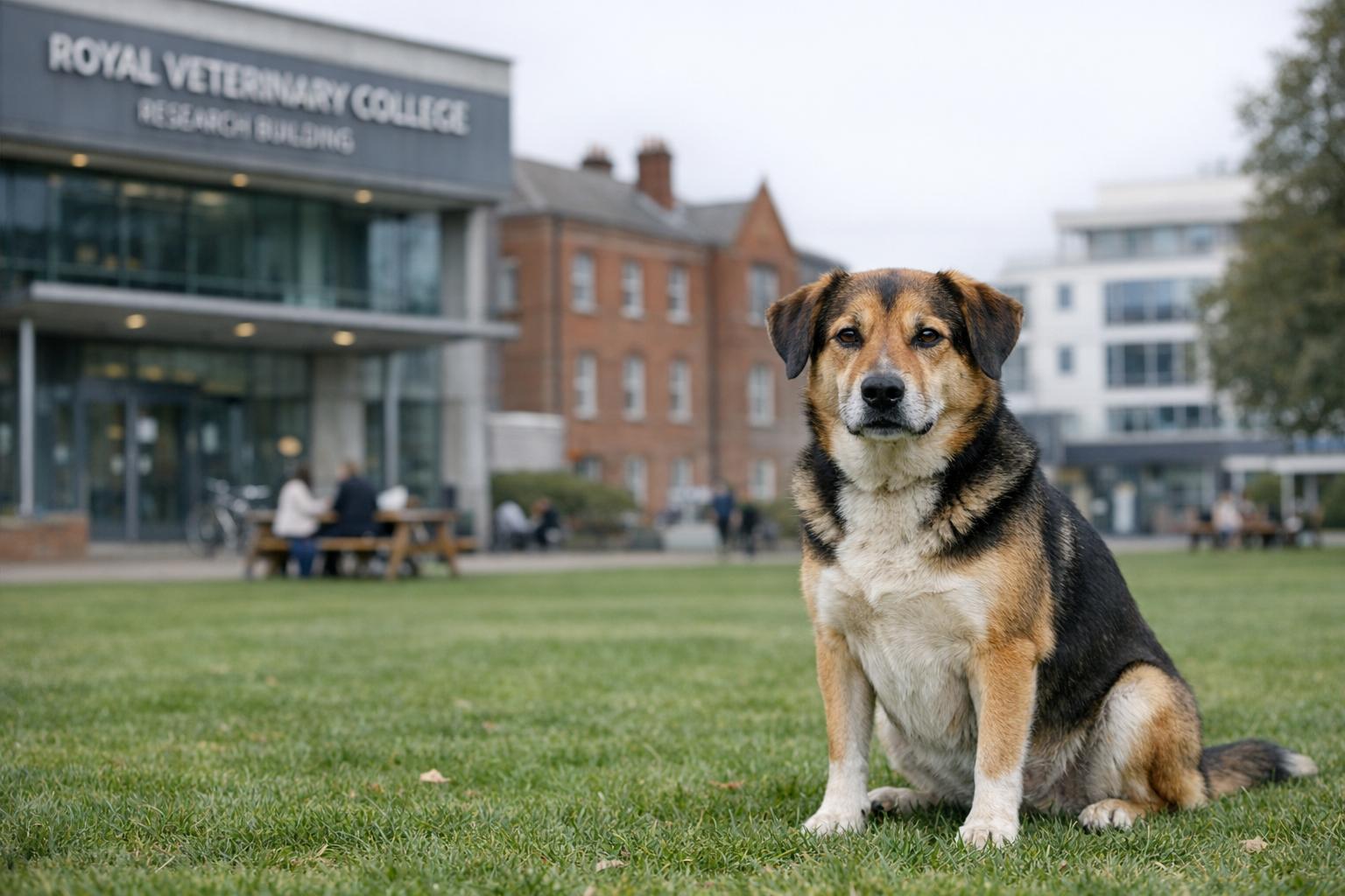 A healthy mixed-breed dog sitting on grass outside the Royal Veterinary College research building in soft overcast light