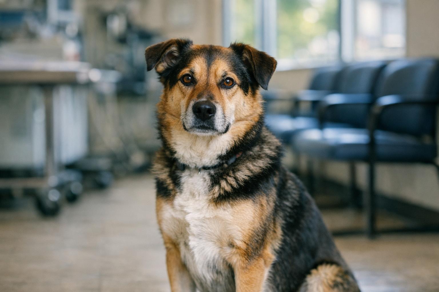 A healthy adult mixed-breed dog sitting in a veterinary clinic waiting area, photographed in natural light