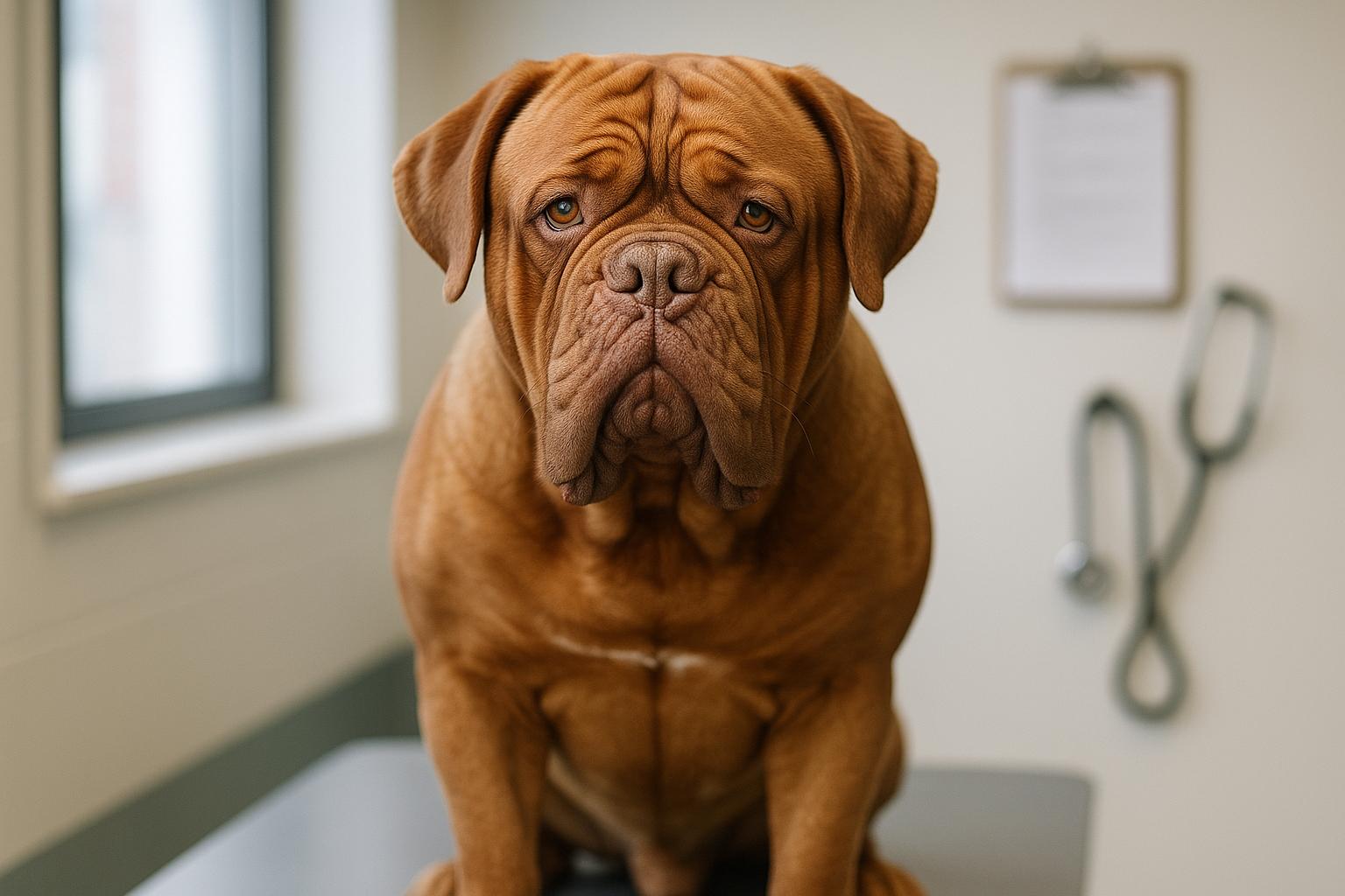 Dogue de Bordeaux on an examination table in a veterinary clinic, photographed in natural light