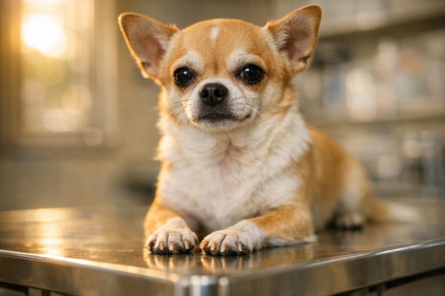 Close-up portrait of a Chihuahua on a veterinary exam table showing its paws and nails, indoor clinic lighting