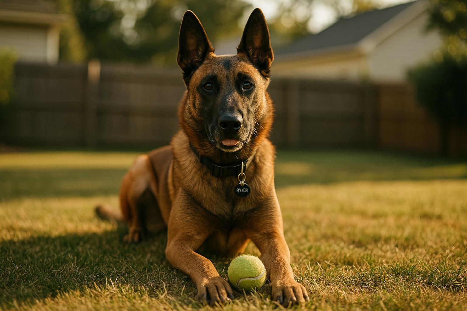 Ryker, a Belgian Malinois, sitting in a backyard with a tennis ball nearby, looking alert and playful.