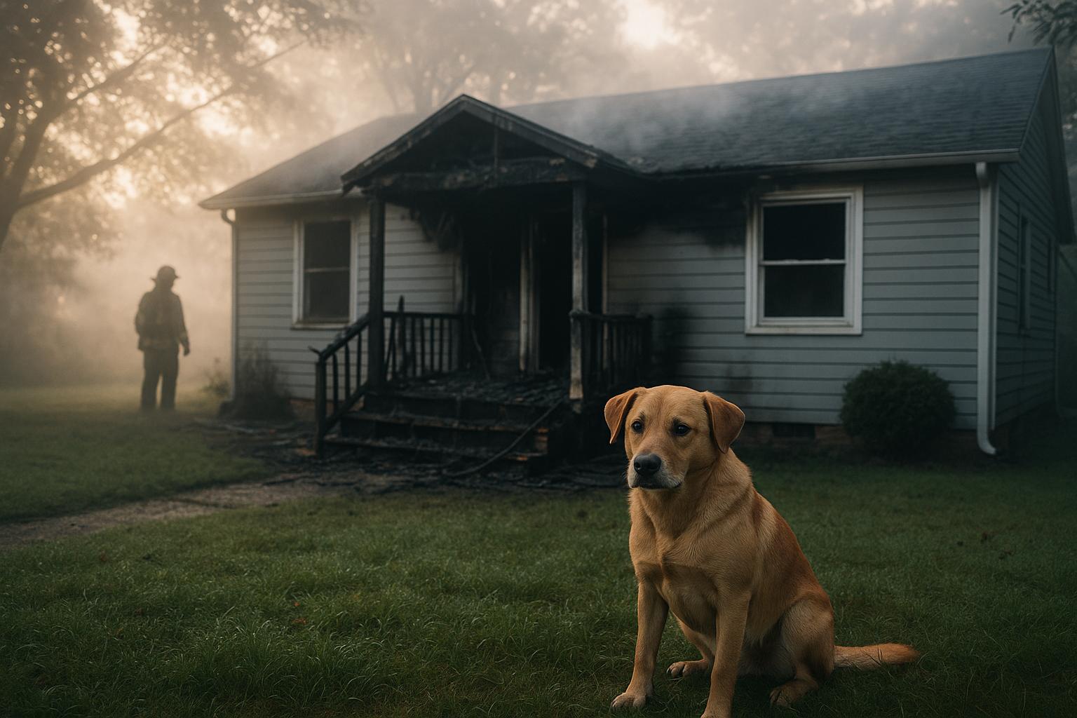 A medium-sized dog sits on the lawn in front of a single-story house at dawn with a firefighter silhouette in the background after a fire.