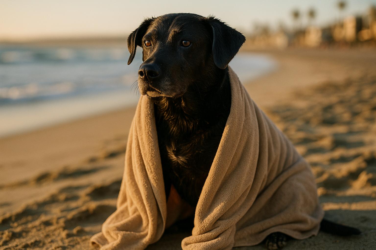 Sadie, a 5-year-old black-Lab mix, wrapped in a towel on Mission Beach after rescue