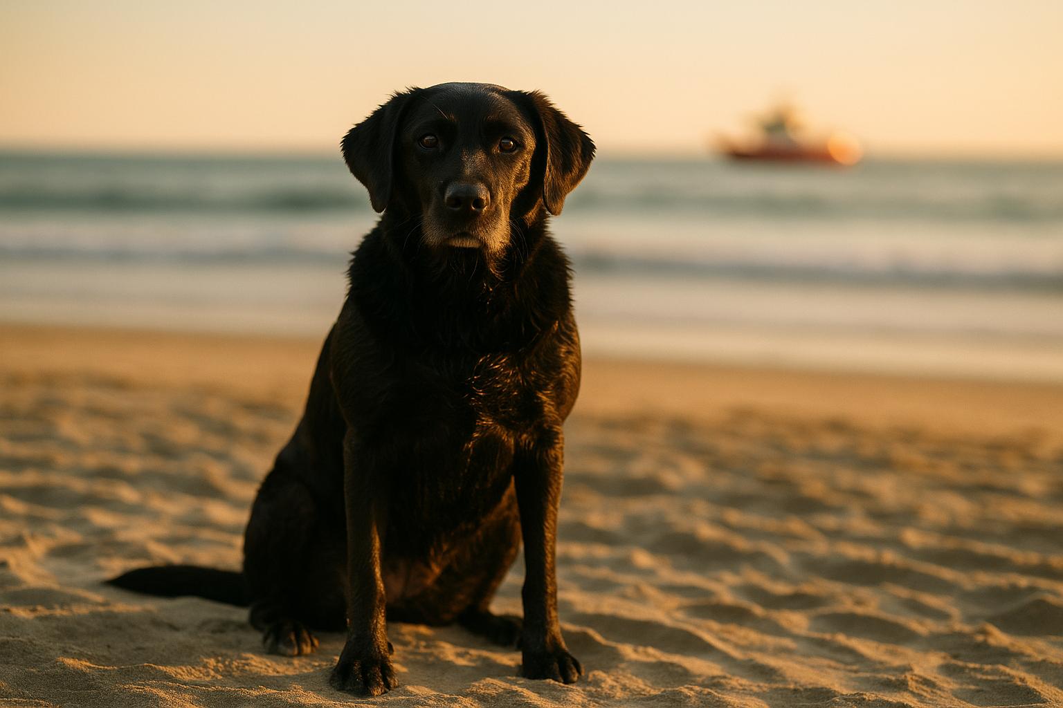 Sadie, a black Labrador retriever-mix, sitting on South Mission Beach after rescue, with lifeguard vessel visible offshore