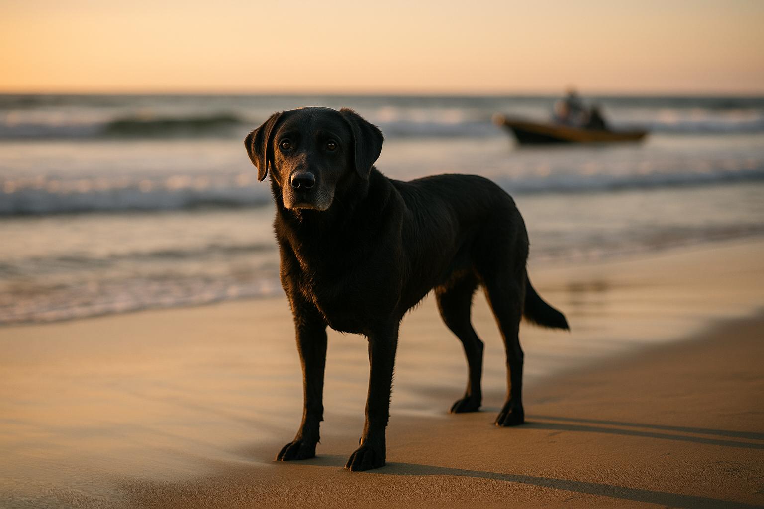 Black Labrador retriever-mix standing on wet sand at Mission Beach, San Diego, after rescue