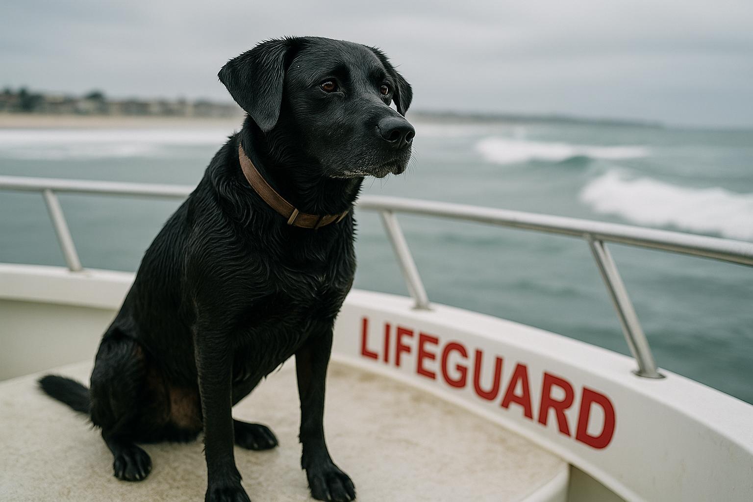 Black Labrador retriever-mix on the deck of a lifeguard boat off Mission Beach, San Diego, after being rescued.