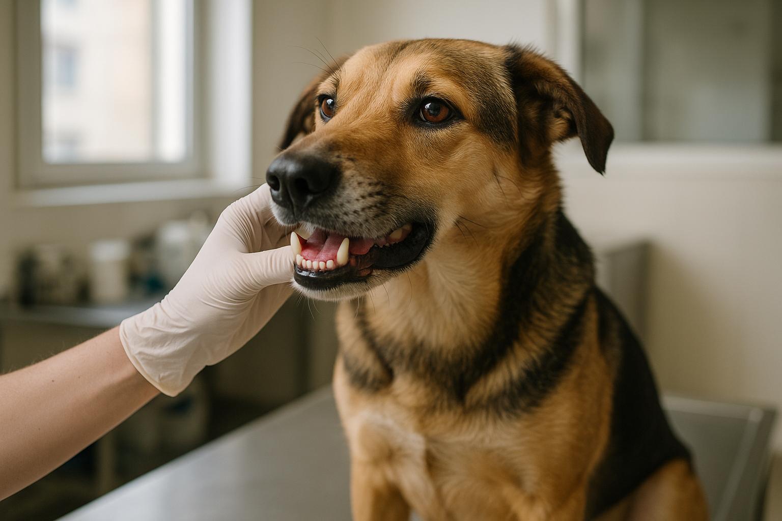 A veterinarian gently examines a mixed-breed dog’s mouth in a clinic, showing healthy pink gums after treatment.