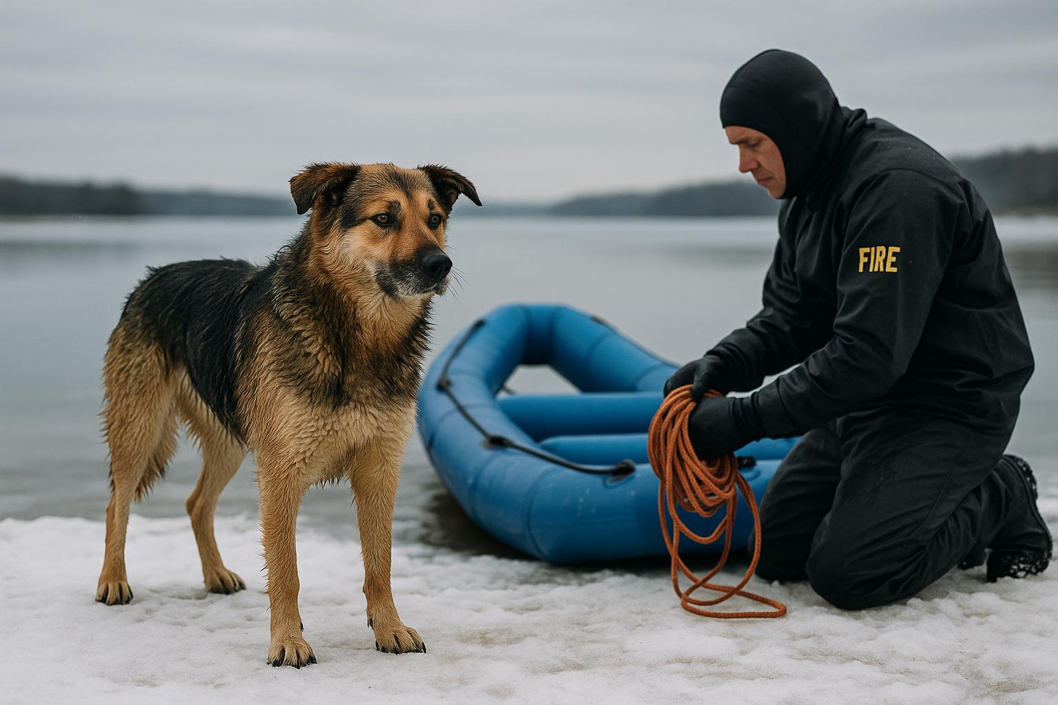A medium-sized mixed-breed dog stands on a snowy lakeshore beside a rescue raft while a firefighter in a wet suit kneels nearby, overcast light