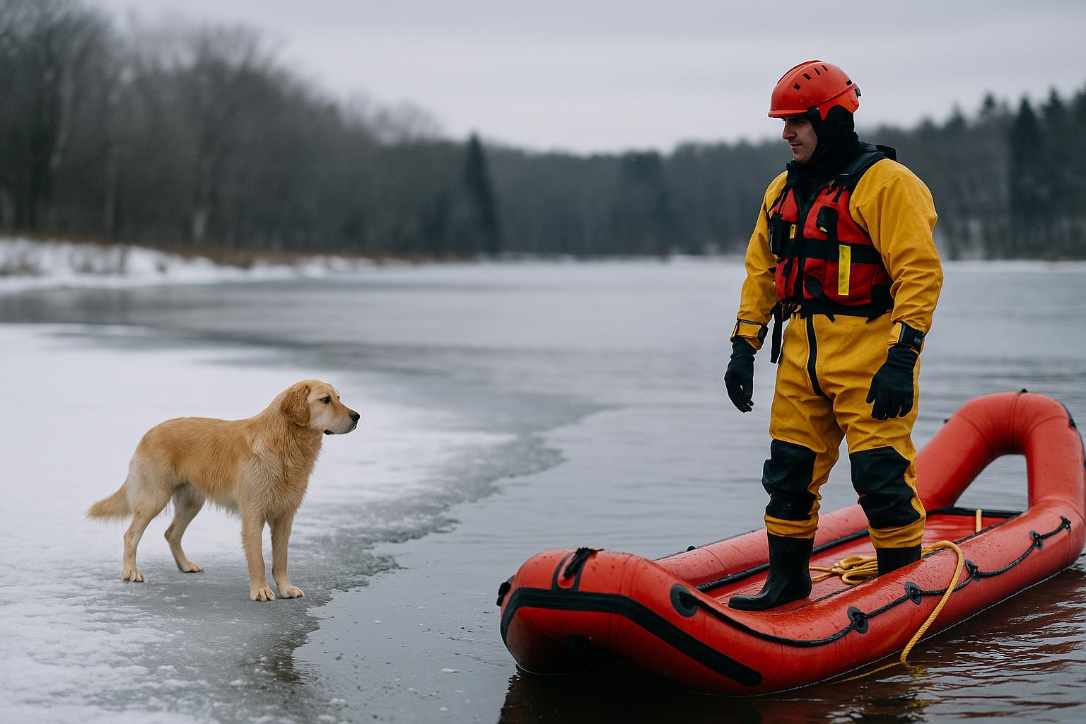 Firefighter in protective gear on an inflatable raft beside a dog on the ice at Canobie Lake.
