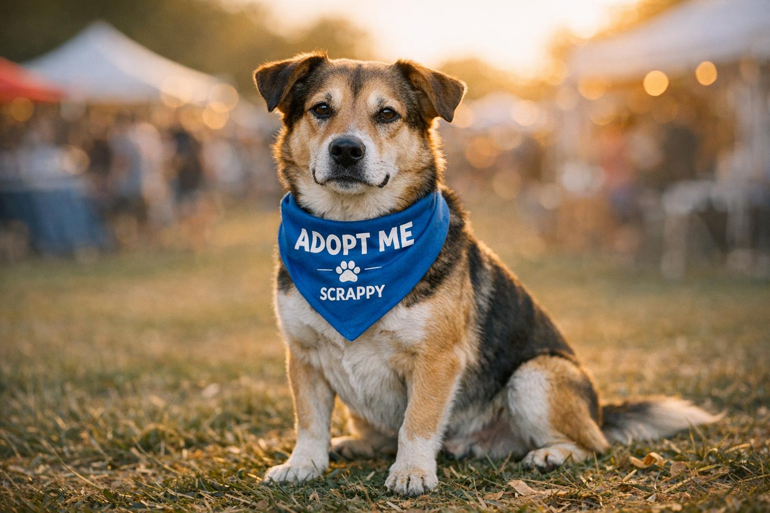 Medium-sized mixed-breed dog named Scrappy wearing a blue adoption bandana at an outdoor festival, with tents and people blurred in the background