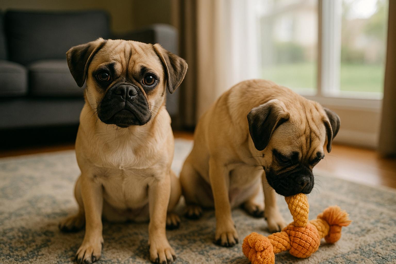 Two 9‑month‑old pug mix dogs sitting together indoors, one looking at the camera, the other sniffing a toy