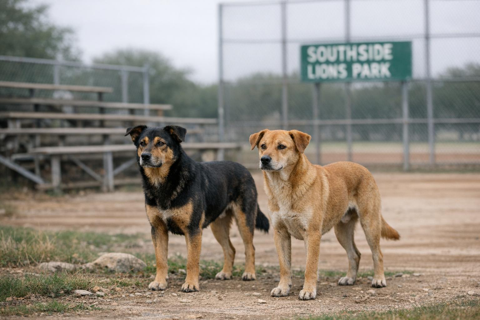 Two stray dogs standing near a baseball field at Southside Lions Park under an overcast sky