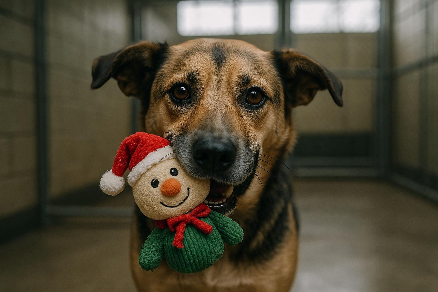 Mixed-breed shelter dog holding a holiday toy in its mouth inside a kennel at the San Diego Humane Society