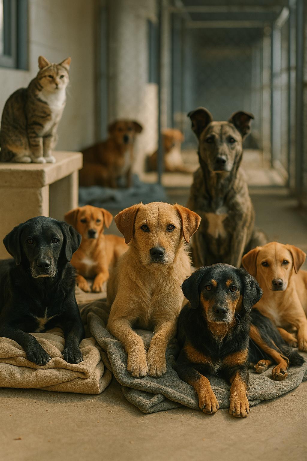 Group of dogs and a cat resting in a shelter holding area with natural light and soft shadows.