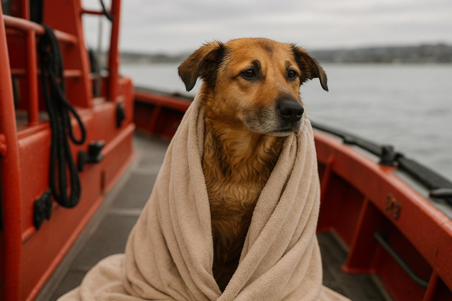 Sadie, a medium-sized mixed-breed dog, sitting calmly on a rescue boat deck wrapped in a towel after being rescued from San Diego Bay