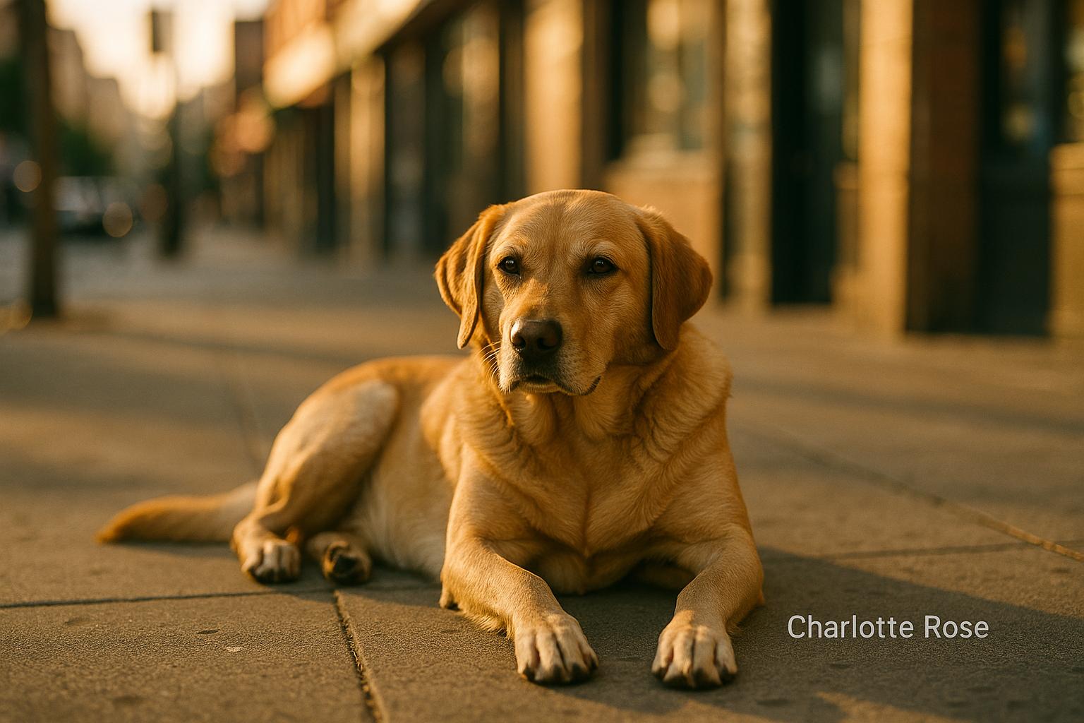 Charlotte Rose, a dog appearing healthy, resting in an urban street setting in the Tenderloin District