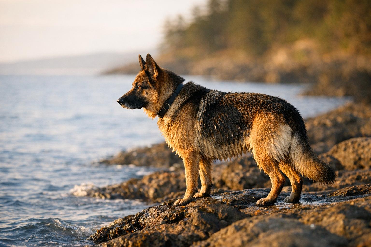 Shepherd named Lobo standing at the water's edge on a rocky San Juan Island shoreline during golden hour
