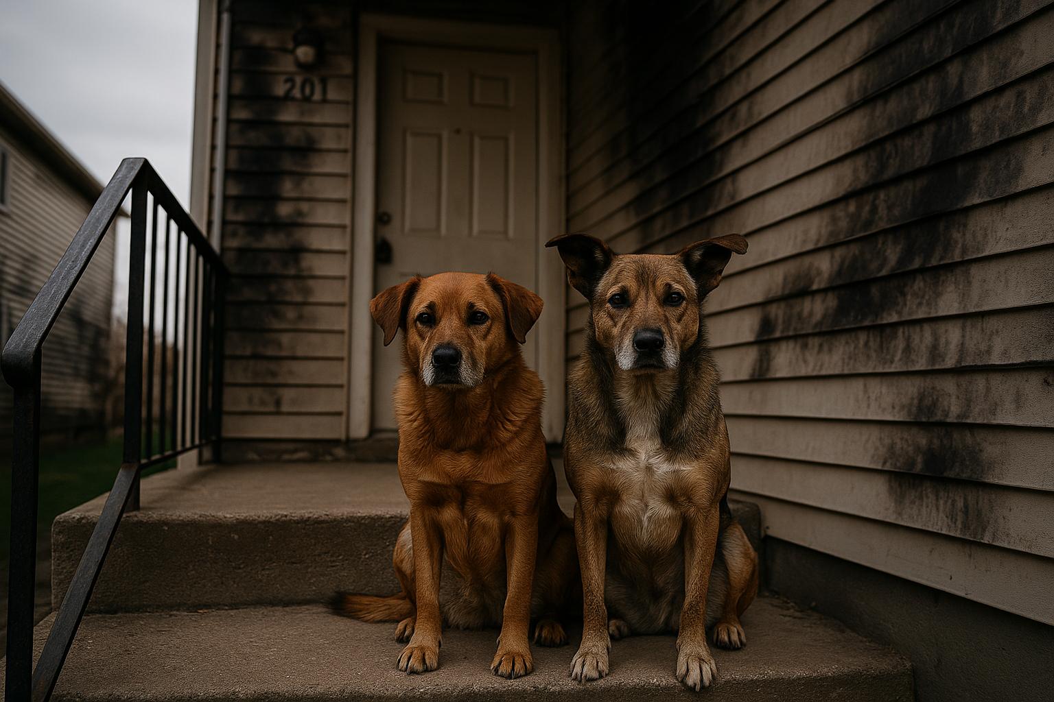 Two medium-sized mixed-breed dogs on front steps outside an apartment building with smoke-stained siding