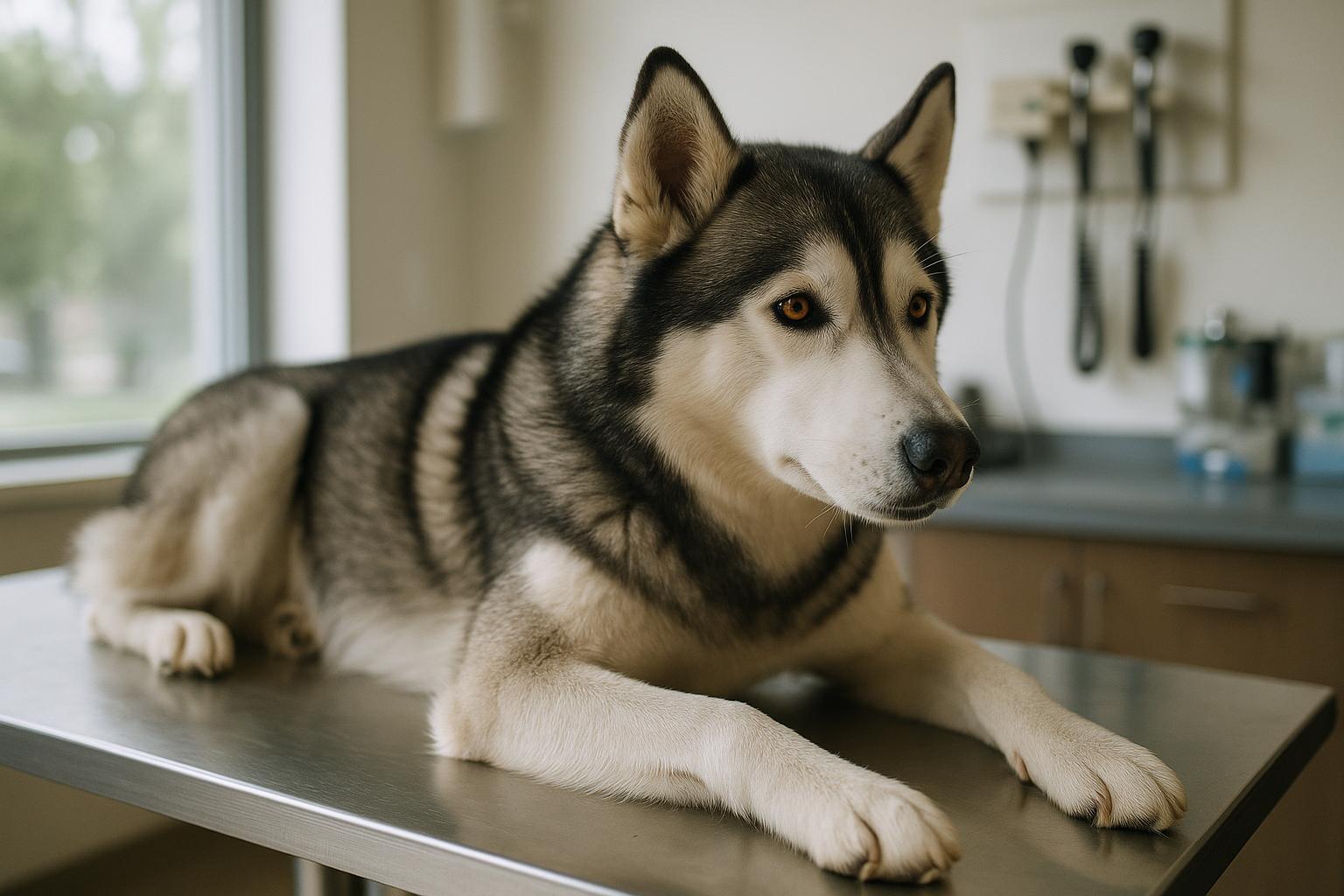 A calm adult Husky resting on a veterinary clinic examination table, alert and relaxed.