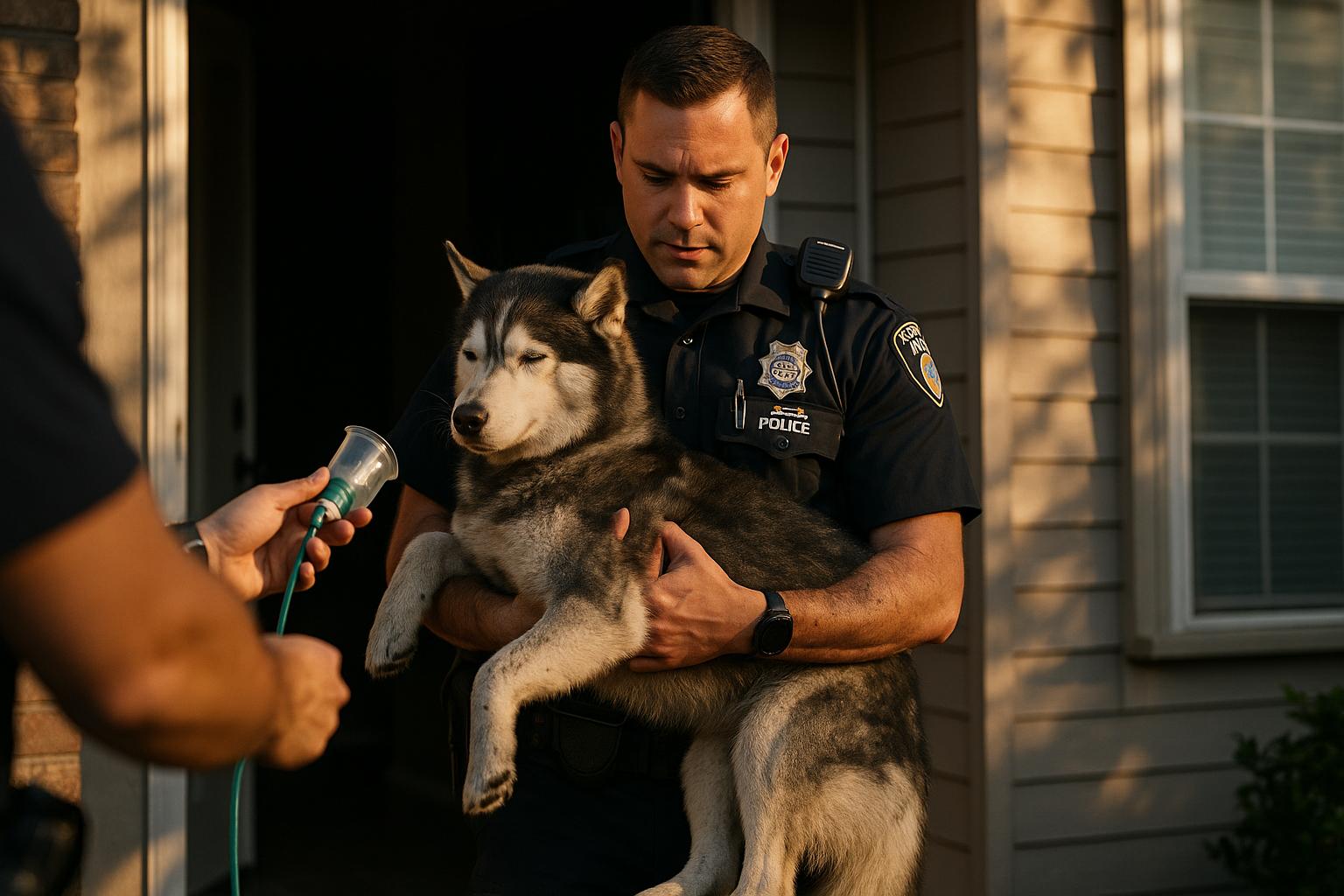 Sanford Police officer carrying a husky-type dog from the doorway of a burning home, early morning light