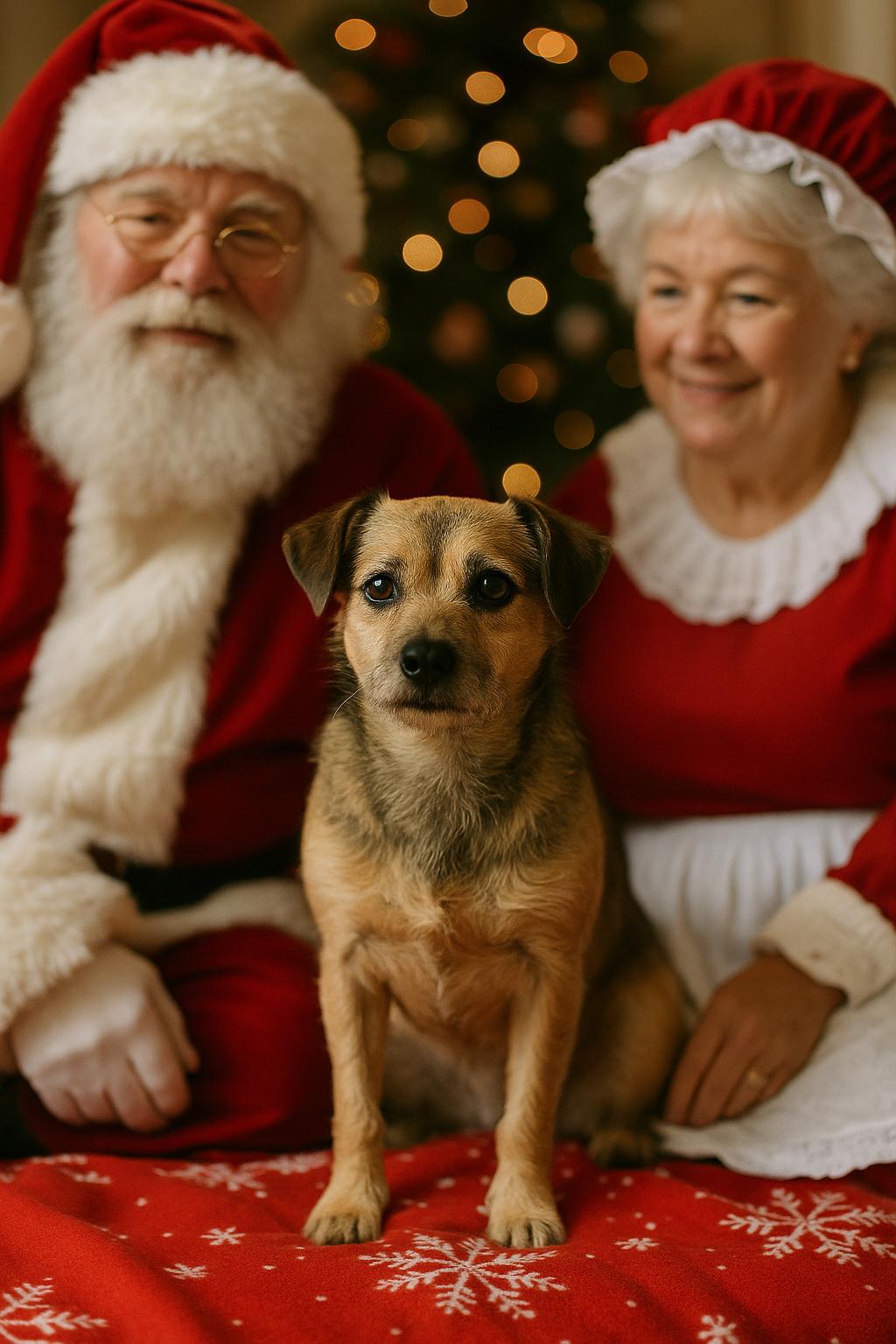 A well-mannered dog sitting for a photo with Santa and Mrs. Claus at a holiday pet event.