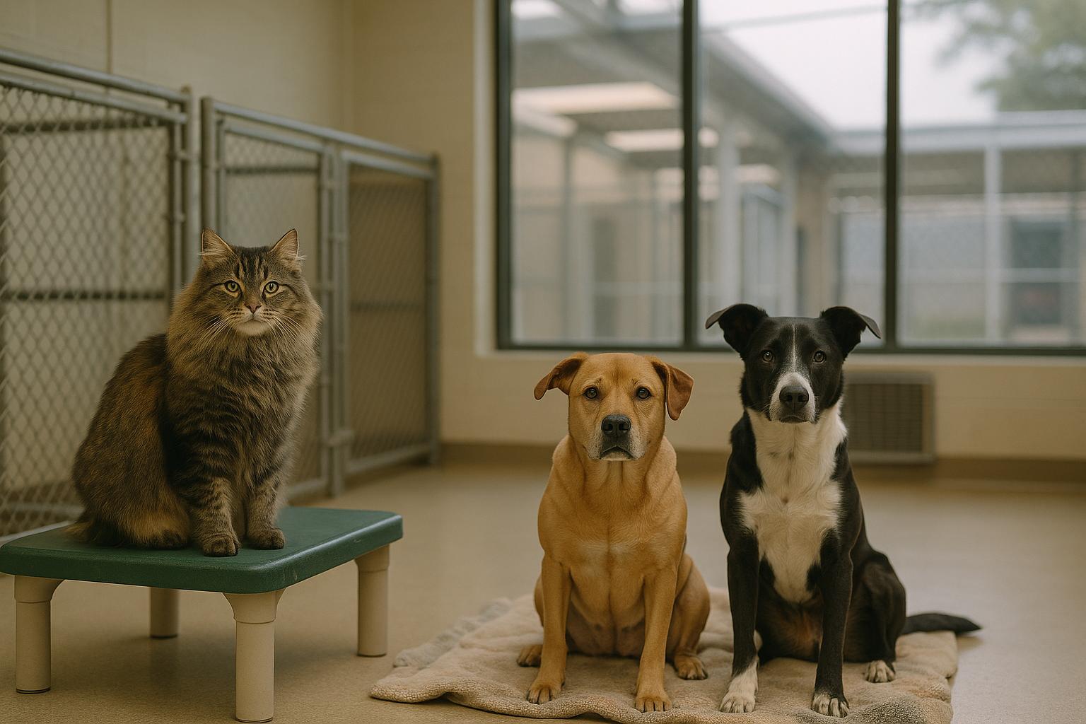 Caesar, a long-haired domestic cat, and two shelter dogs, Betty and Keito, together in a shelter play area under soft window light.