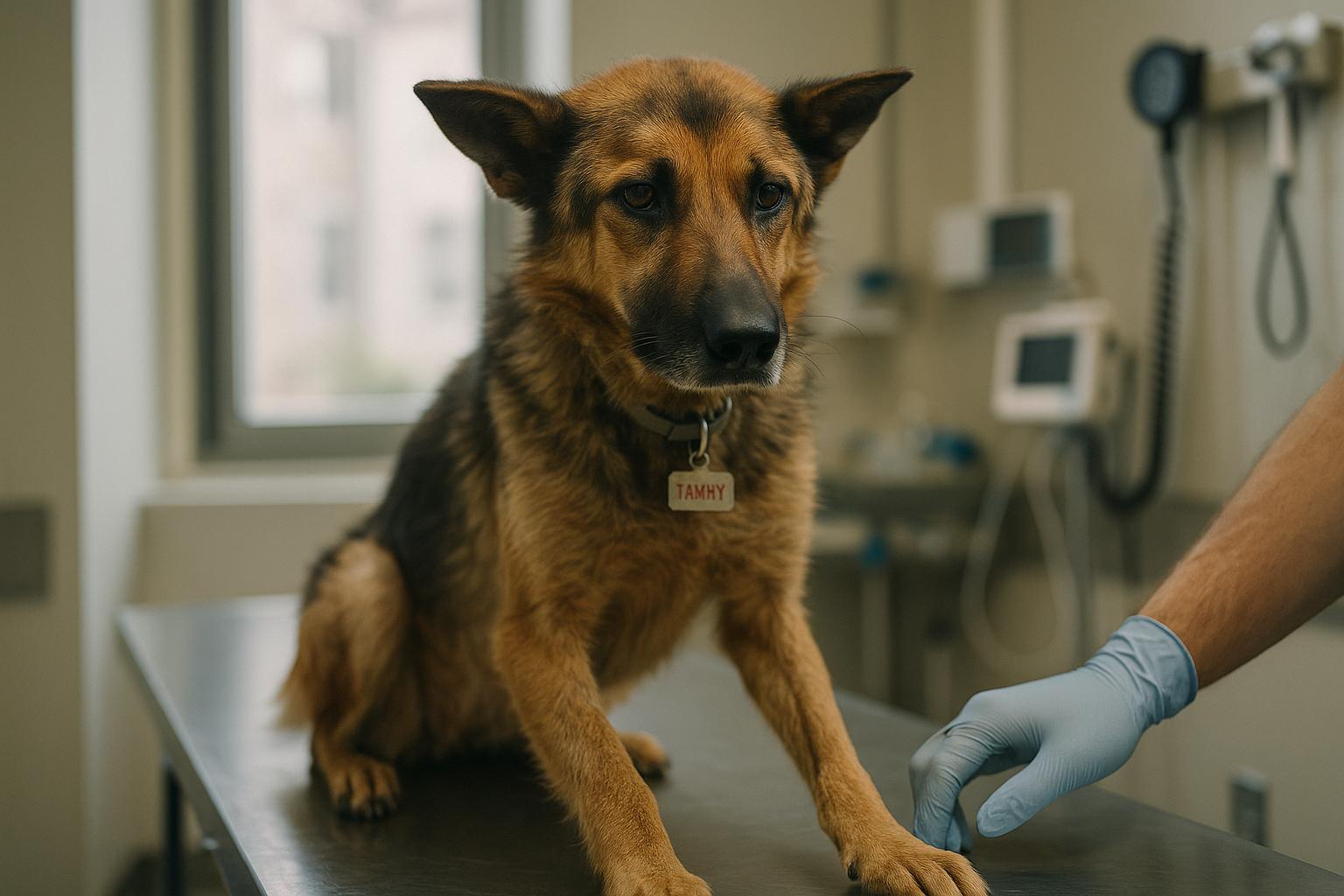 German shepherd mix named Tammy sitting on a veterinary exam table under natural window light, appearing thin but calm.