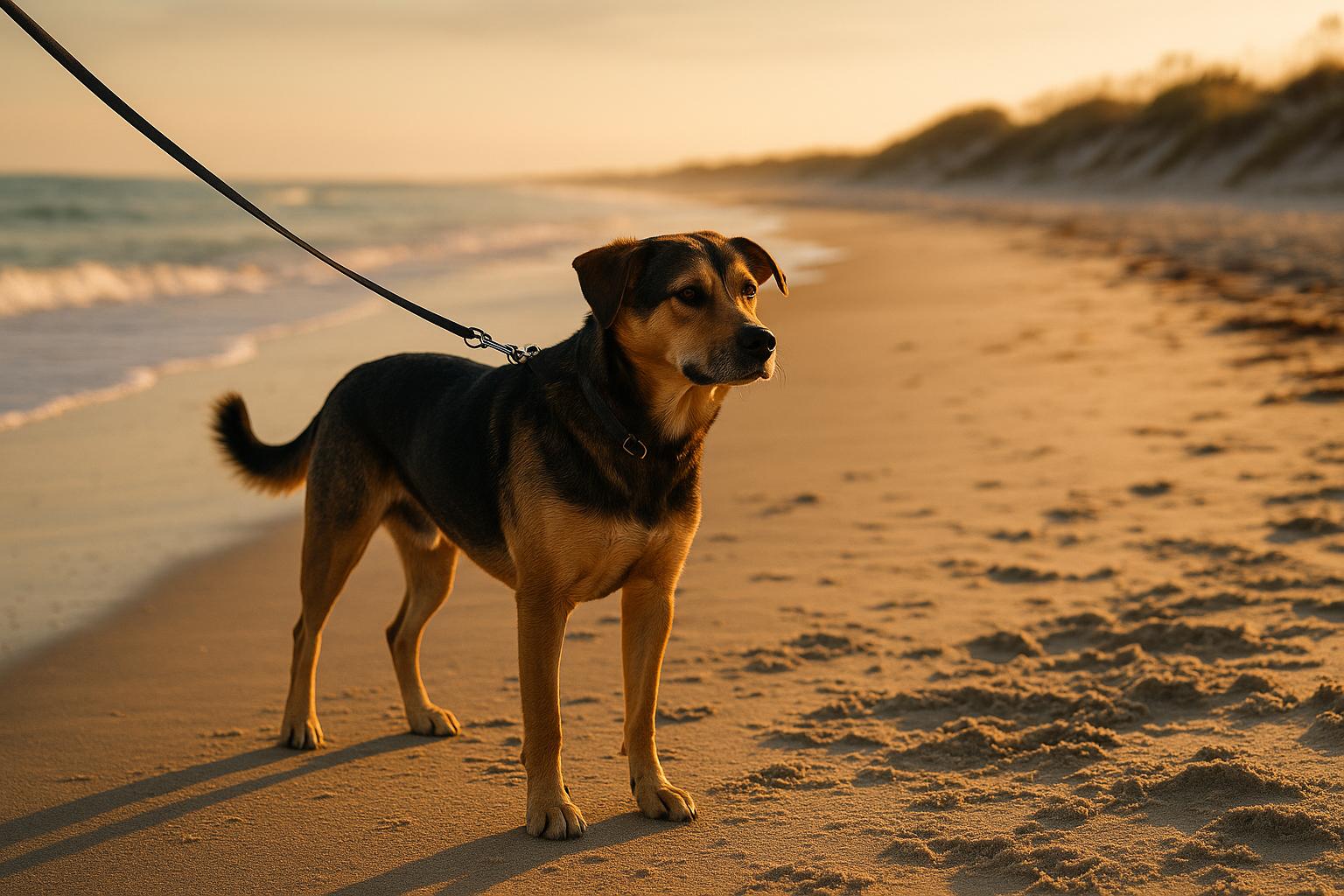 Medium-sized mixed-breed dog on a 7-foot leash on a Satellite Beach shoreline at sunrise
