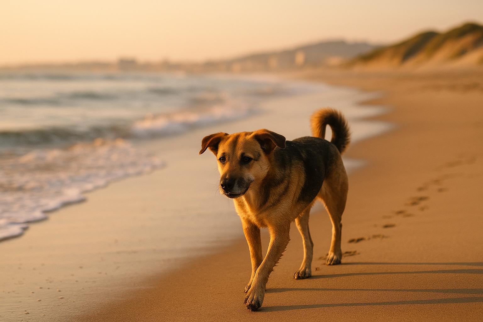 A medium-sized mixed-breed dog walking along a sandy beach at golden hour, leaving paw prints in the wet sand.