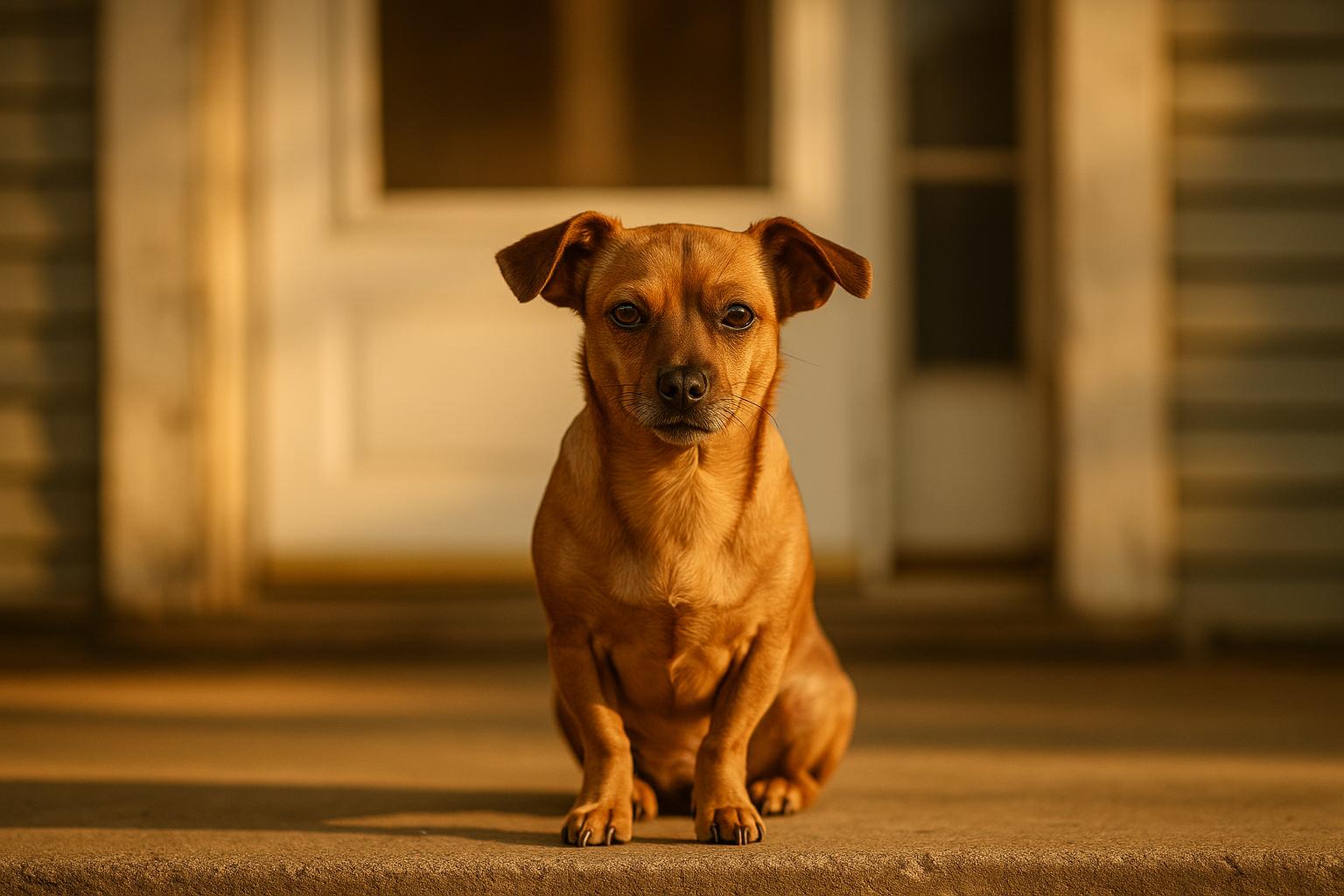 Satin, a small Dachshund/Chihuahua mix, sitting on a porch step in golden hour light