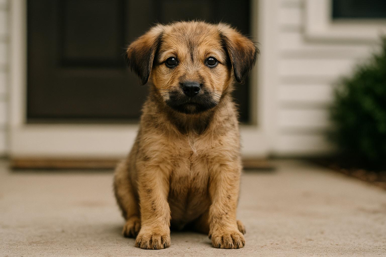 Cornbread, a 9-week-old puppy, sitting on a porch in soft light