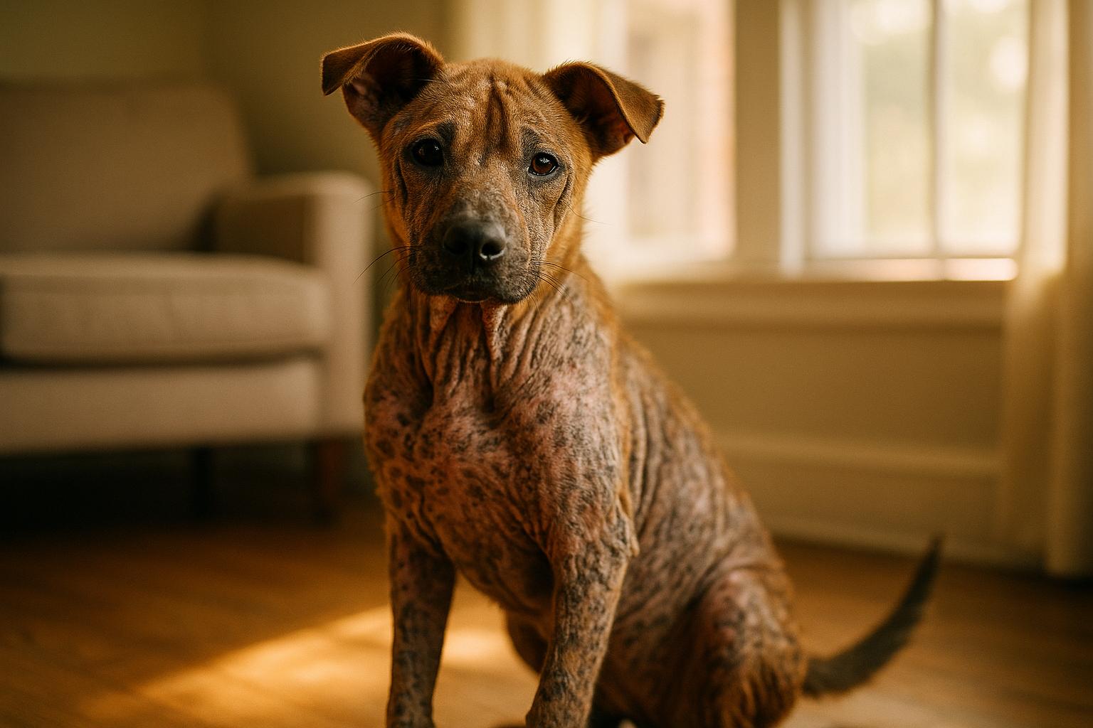Scooby, a medium-sized dog with patchy fur, sitting in a foster home with a wagging tail