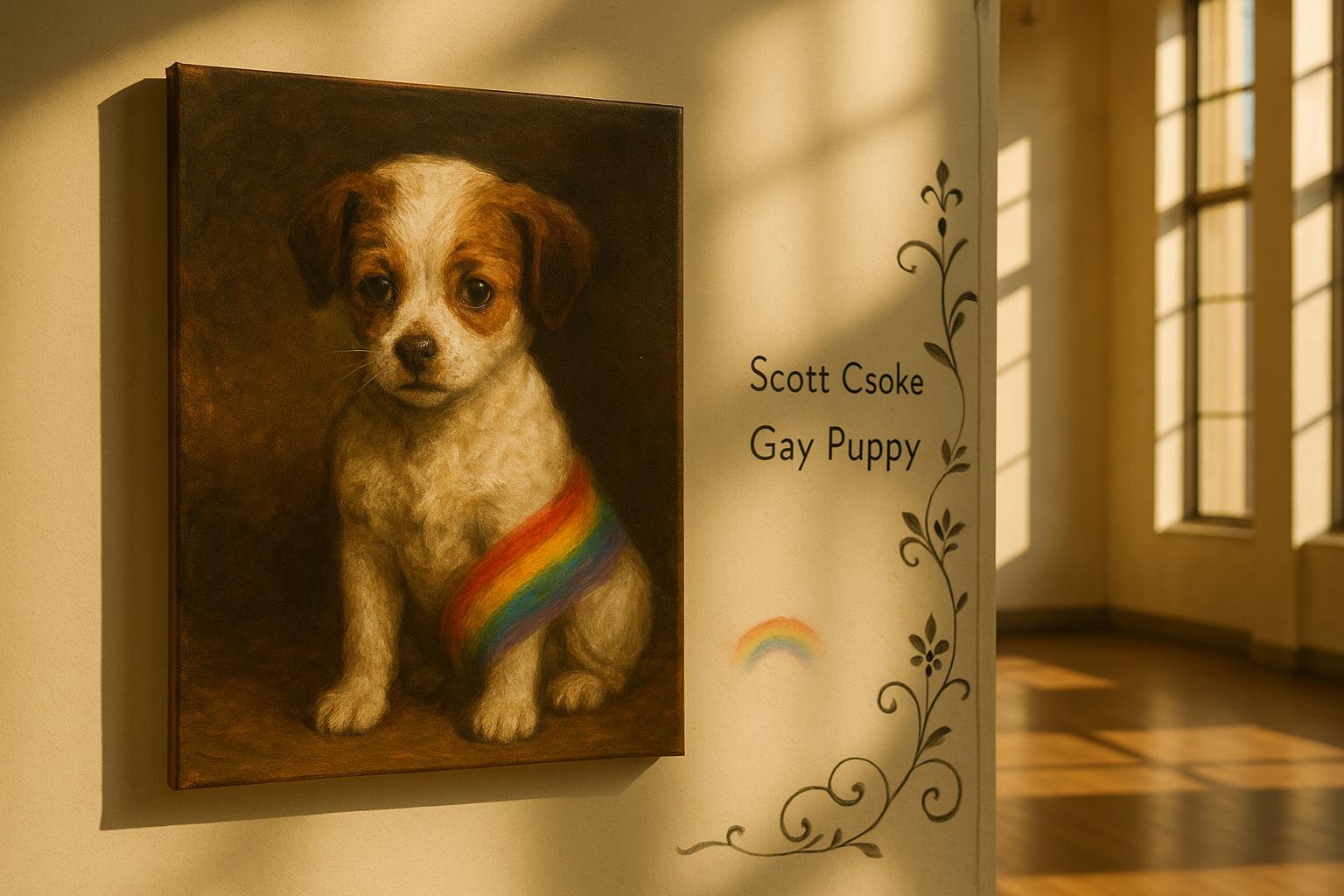 Gallery view of Scott Csoke's acrylic painting 'Gay Puppy' showing loose brushstrokes and a small rainbow between depicted animals.
