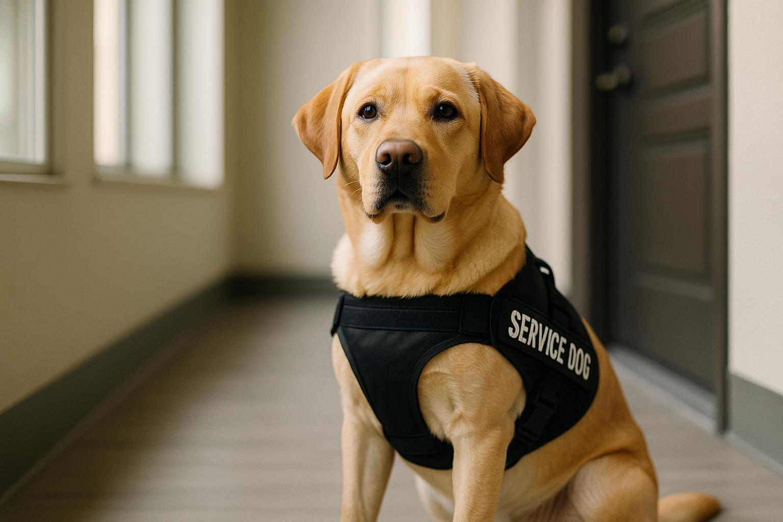 Service dog wearing a service vest sitting in an apartment hallway, photographed in natural indoor light