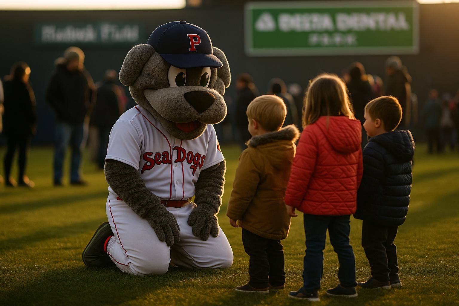 Slugger the Sea Dog mascot kneeling at Delta Dental Park greeting children during a holiday event