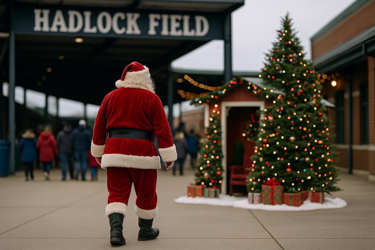 Santa Claus walking toward a decorated meet-and-greet area at Hadlock Field during a Holiday at Hadlock event