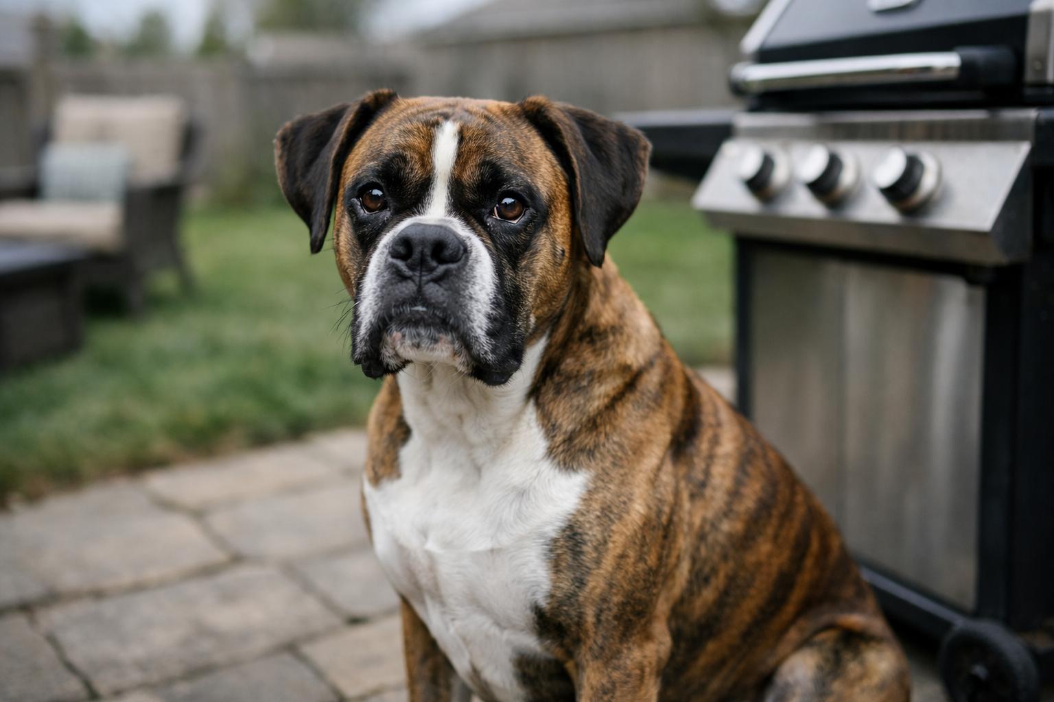 A calm adult brindle boxer dog sitting on a backyard patio near a grill, soft overcast light.