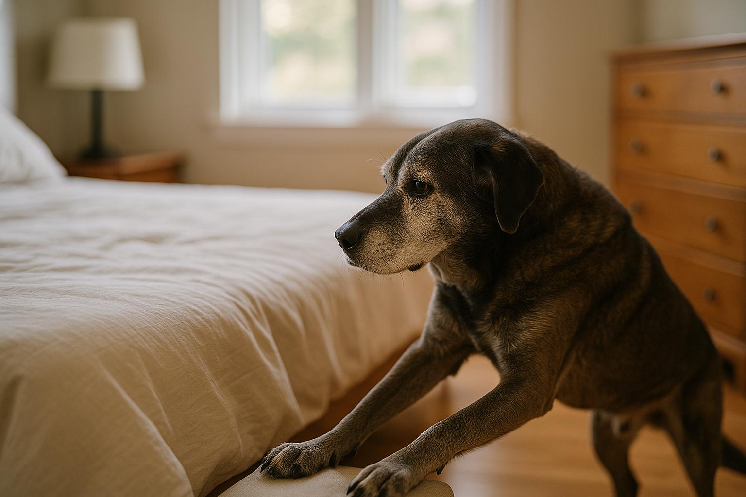 Senior dog with graying muzzle putting front paws on the edge of a bed in a softly lit bedroom.