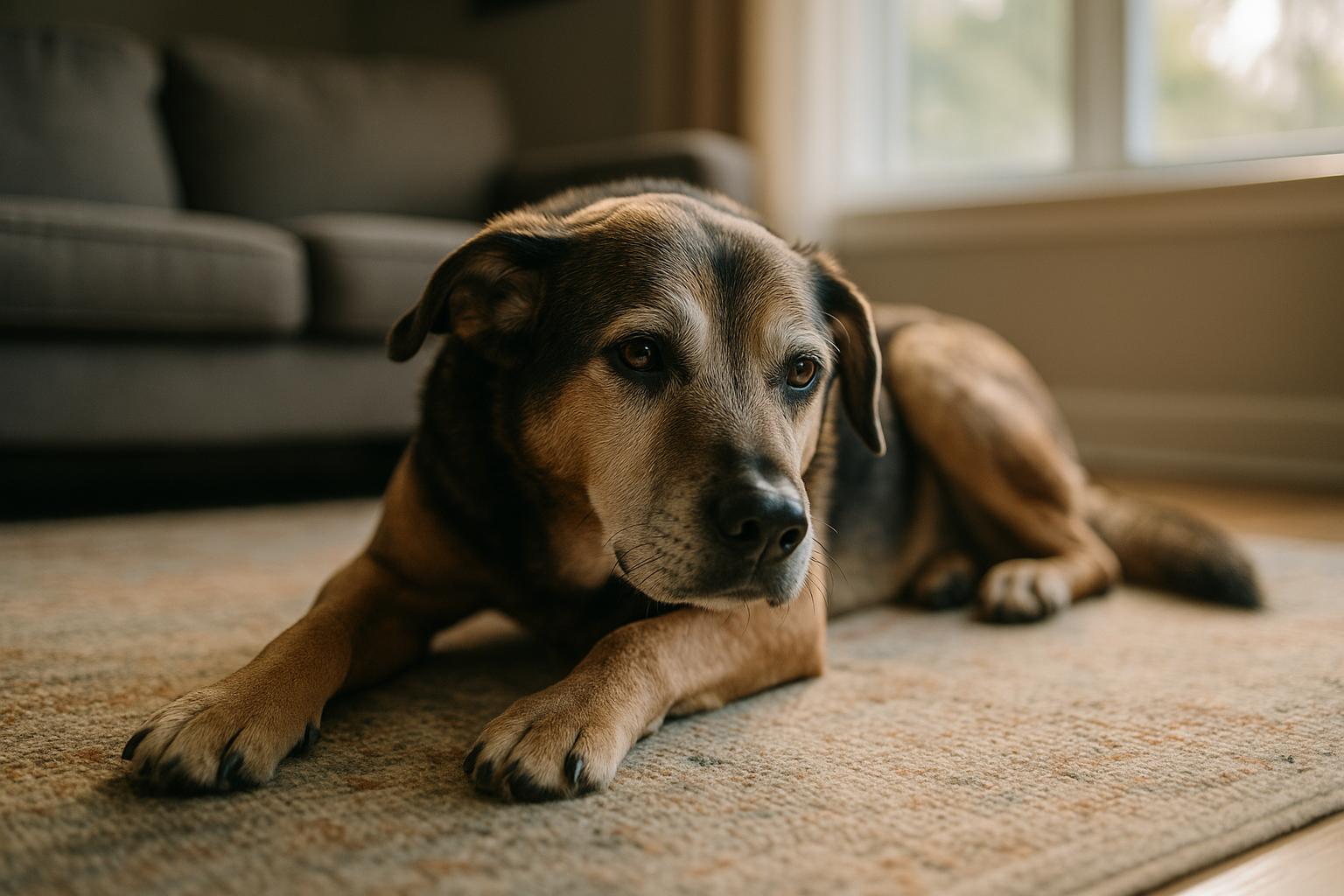 Rocky, a 10-year-old senior dog, lying on a living room rug in soft window light