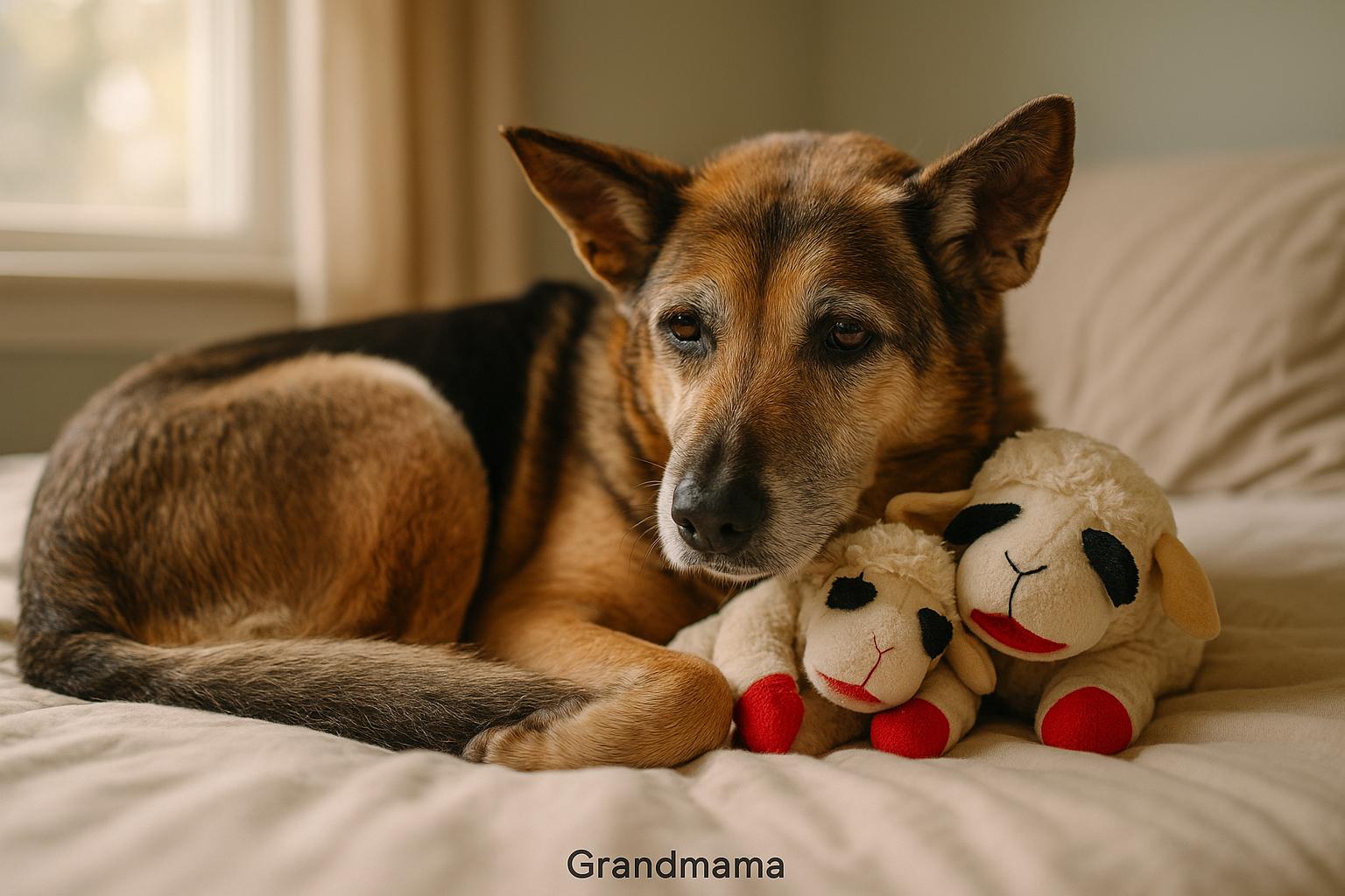 Senior rescue dog Grandmama curled up on a bed with two Lamb Chop plush toys beside her in a New Jersey foster home