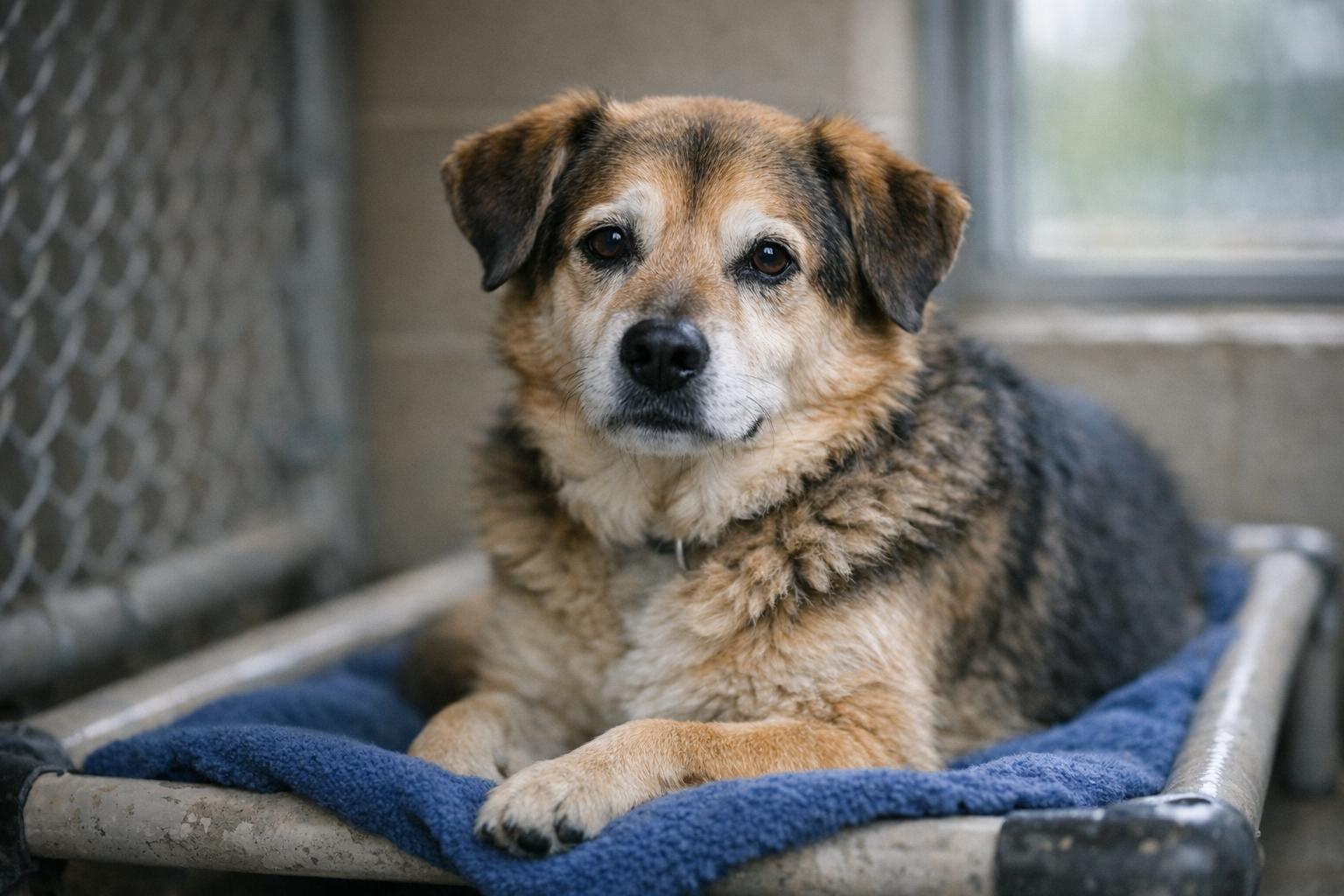 Auggie, an 8-year-old senior shelter dog, sitting calmly on a kennel bed with soft window light